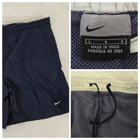 Vintage Nike Swim Trunks Mesh Lined Mens L Blue White Swoosh Pockets Draw String - Picture 1 of 14